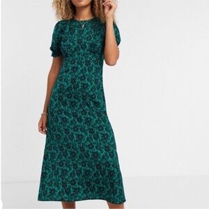 Topshop floral print midi tea dress in green